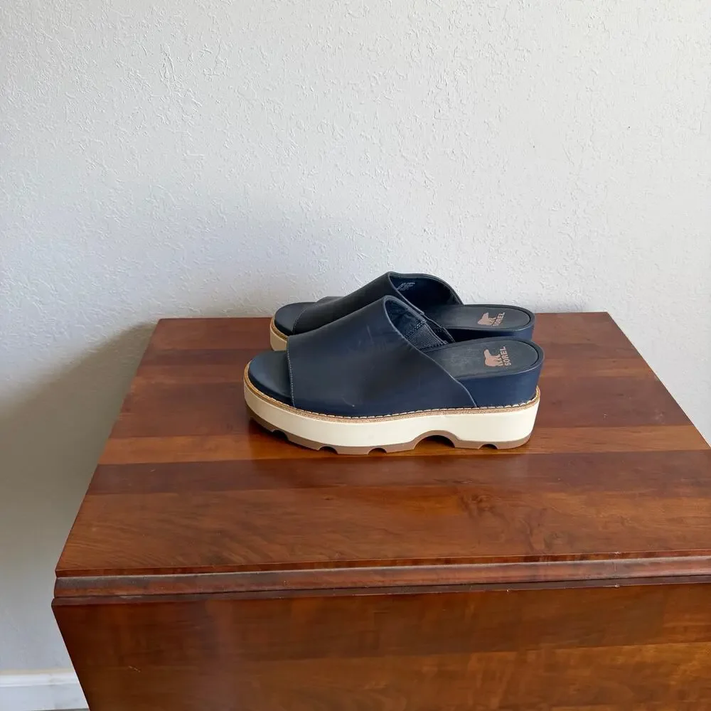 Sorel Joanie IV Slide Wedge Sandal Navy Blue Leather Platform Slip On Womens 9.5 - Picture 3 of 7